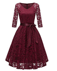 Viloree 1950s Women's Lace 3/4 Sleeve V Neck Prom Cocktail Swing Midi Dress | Women's Cocktail Dresses