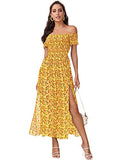 Yellow Red Floral Women's Boho Floral Print Off Shoulder Split Long A Line Dress - Floerns | Women's Formal Dresses