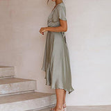 Summer Dresses for Women, Ladies V-Neck Solid Irregular Short Sleeve Strappy Casual Long Dress Party UK Size | Women's Work Dresses