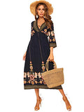 Women's Floral Print Deep V Neck 4-Mar Sleeve A-Line Bohemian Tribal Boho Midi Dress