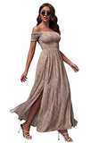 Apricot Women's Boho Floral Print Off Shoulder Split Long A Line Dress - Floerns | Women's Formal Dresses