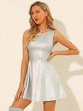 Women's Metallic Sleeveless Round Neck High Waist Holographic Flare Dress