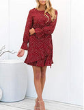 Women's Dress Polka Dot Floral Print Long Sleeve Crewneck Fishtail Ruffle Hem Short Mini Dresses