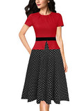 Red And Black White Dot Womens Pleated Crew Neck Peplum Wear To Work Office Sheath Dress Vfshow | Women's Work Dresses