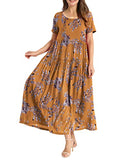 Mustard Dresses Casual Plus Size Bohemian Short Sleeve Floral Long Maxi Summer Beach Swing Dress/Pockets - YESNO | Women's Casual Dresses