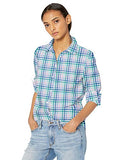 Blue Gingham Women's Classic-Fit Long-Sleeve Button-Down Poplin Shirt - AE Store | Women's Tops and Blouses