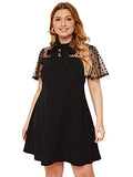 Women's Plus Size Contrast Mesh Short Sleeve Bow Tie Neck A-Line Party Dress | Women's Formal Dresses