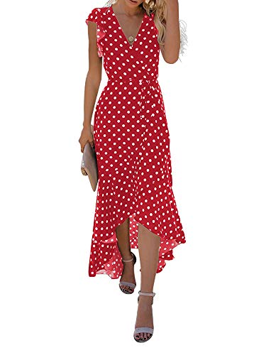 Polka Dots Red  Women's Summer Floral Print Cross V Neck Dress Bohemian Flowy Long Maxi Dresses - GRECERELLE