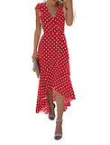 Polka Dots Red Women's Summer Floral Print Cross V Neck Dress Bohemian Flowy Long Maxi Dresses - GRECERELLE | Women's Casual Dresses