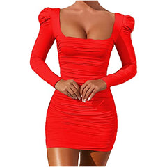 Sexy Club Dresses for Women Party Night Club Cocktail Bodycon Prom Ball Gown Puff Sleeve Square Neck Midi Dress | Women's Formal Dresses