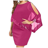 Womens Plus Size Dresses Cold Shoulder Overlay Asymmetric Chiffon Strapless Sequins Round Neck Dress