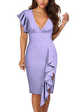Light Purple Women's Deep-V Neck Ruffle Sleeves Cocktail Party Pencil Slit Formal Dress - Knitee | Women's Cocktail Dresses