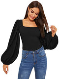 Women's Long Puff Sleeve Square Neck Slim Fit Crop Tops Blouse Sweatshirt | Women's Tops and Blouses