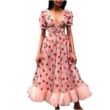 Women's Cocktail Party Dress, Strawberry Casual Summer Maxi Dress 1950s Retro Vintage Polka Dots Puff Short Sleeve V-Neck Printed Long Dress