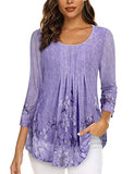 Multi Violet Women's Casual 3/4 Sleeve Tunic Tops Floral Double Layers Blouses Loose Fit Pleated Mesh Shirts - Timeson | Women's Tops and Blouses