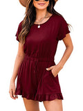 Wine Short Red Summer Crewneck Casual Loose Short Sleeve Jumpsuit Rompers One Piece Pajamas Loungewear with Pockets - ANRABESS | Women's Romper & Jumper Suit