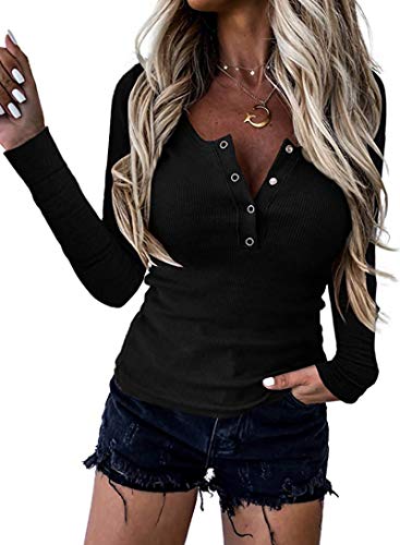 BTFBM Women Long Sleeve V Neck Button Up Solid Tops Blouses Trendy Slim Fit Lace Sleeves Ribbed Knit Casual Shirts Tunic (Solid Black, Medium) | Women's Casual Dresses