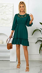 Women's Dress A-line Lace Ruffle 3/4 Sleeve Polka Dots Chiffon Casual Tunic Dress