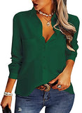 Green Womens Casual Button Down Shirts V Neck Chiffon Long Sleeve Collared Office Work Blouses Tops with Pocket - AISEW | Women's Tops and Blouses