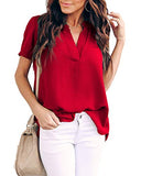 Women Summer Casual Split V Neckline Chiffon Blouses Loose Tunic Short Sleeve Tops | Women's Tops and Blouses