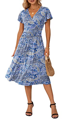 Cashew Blue Summer Wrap Dress Ladies Casual Ruffle Short Sleeve V-Neck Floral Beach - GRECERELLE