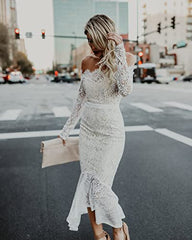 Women Sexy Lace Derss Long Sleeve V Neck Lace Fishtail Skirt Bodycon Club Evening Midi Dress