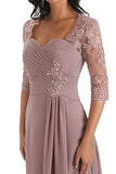 Women's A Line Chiffon Lace Mother Of The Bride Dress Beaded Evening Gown With Sleeves | Women's Casual Dresses