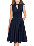 Navy And White Striped Womens Elegant Front Zipper Slim Work Business Office Party Cocktail A-line Dress Vfshow