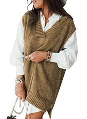 Womens V Neck Sleeveless Knitted Pullover Waistcoat Sweater Vest Solid Color Knitwear Tank Top Jumpers | Women's Cardigan