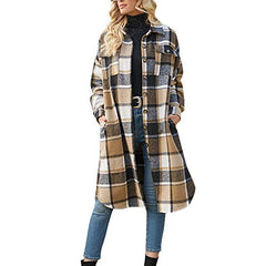 Ainangua Women's Casual Wool Blend Long Plaid Shirt Jacket Button Down Pocketed Shirt Shacket (Khaki, XS) | Women's Casual Dresses