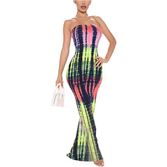 Women Sexy Strapless Tube Top Long Dress Sleeveless Off Shoulder Y2k Fashion Tie Dye Tight Club Party Bodycon Maxi Dress