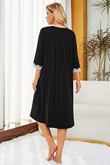 Women 3/4 Sleeves Lace Nightgown V Neck Sleepwear Button Down Loungewear Sleep Dress | Women's Casual Dresses