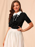 Women's Contrast Collar Tie Ruffle Front Button Short Sleeve Work Shirt | Original Brand