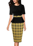 Black And Yellow Check Print Womens Pleated Crew Neck Peplum Wear To Work Office Sheath Dress Vfshow | Women's Work Dresses