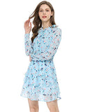 Women's Floral Smocked Waist Tie Neck Layered Chiffon Mini Dress