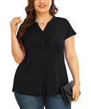 Black Women's Plus Size Short Sleeve Shirt Button Down V Neck Tops Casual Blouses with Procket - TIANZHU | Women's Tops and Blouses
