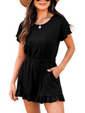 Black Summer Crewneck Casual Loose Short Sleeve Jumpsuit Rompers One Piece Pajamas Loungewear with Pockets - ANRABESS | Women's Romper & Jumper Suit