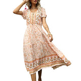 Womens Summer Floral Print V Neck Drawstring Tiered Ruffle Elegant A-Line Dress