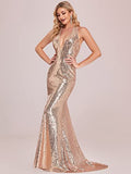 Women's Deep V-Neck Halter Backless Maxi Sequin Mermaid Wedding Guest Dresses  - Sara Clothes