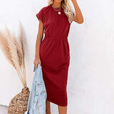 Ladies O-Neck Mid-Caif Short-Sleeved Slim-Fit Split Pocket Bottoming Dress Bodycon Dress Office Wear for Casual Club Cocktail Evening Gowns Work UK Size 8-26 | Women's Work Dresses