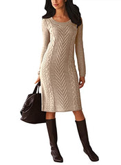 Malaven Women Hand Knitted Sweaters Stretchable Long Sleeve Midi Knee Length Bodycon Sweater Dress