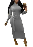 Womens Turtleneck Front Pockets Long Sleeve Party Cocktail Bodycon Midi Pencil Dress with Belt | Women's Work Dresses