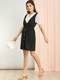 Women's V Neck Button Suspender Casual Mini Overalls Pinafore Dress with Pockets | Original Brand