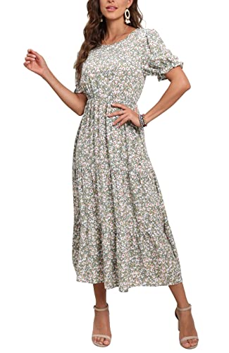 Lily Green Summer Midi Dress Floral Print Boho Dress Ruffle Puff Sleeve High Waist A-Line Casual Boho Cocktail Holiday Beach Long Dress - GRECERELLE