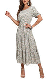 Lily Green Summer Midi Dress Floral Print Boho Dress Ruffle Puff Sleeve High Waist A-Line Casual Boho Cocktail Holiday Beach Long Dress - GRECERELLE | Women's Casual Dresses