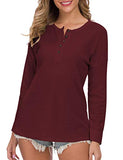WNEEDU Women's Long Sleeve Waffle Knit Tunic Blouse Casual Button Up Henley Shirts Plain Tops Wine Red M | Women's Sweaters