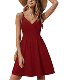 Wine Red V Neck Floral Spaghetti Strap Summer Dress Casual Swing Midi Sundress with Pocket - STYLEWORD | Women's Casual Dresses