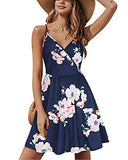 Navy Floral V Neck Floral Spaghetti Strap Summer Dress Casual Swing Midi Sundress with Pocket - STYLEWORD | Women's Casual Dresses