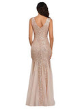 Sleeveless Double V-Neck Long Mermaid Sequin Formal Evening Dresses | Women's Formal Dresses