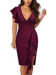 Wine Women's Deep-V Neck Ruffle Sleeves Cocktail Party Pencil Slit Formal Dress - Knitee